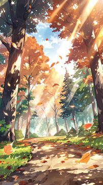 Vertical anime autumn forest with light rays through red and orange leaves, mobile wallpaper background / 縦型アニメ背景 紅葉の森に差し込む光線と舞う落ち葉 スマホ壁紙向け縦位置イラスト