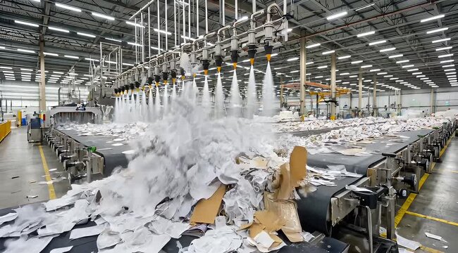 Automated recycling plant sorting waste materials. High-tech facility processing paper, plastic, and cardboard for sustainability.