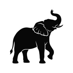 Obraz premium Elephant with trunk up black vector silhouette isolated on white background for wildlife logo, African safari emblem, zoo icon, lucky symbol, and sticker design
