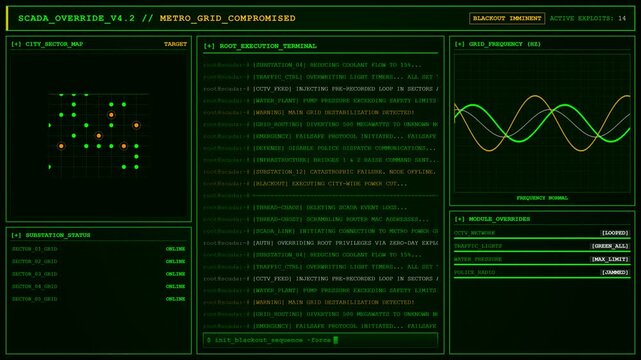 SCADA Override Metro Grid Compromised Hacker Terminal Animation City Blackout Loop Background.