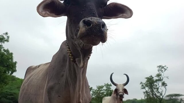 Indian Cows and Calves Grazing Green Grass in Rural Farm Sanctuary