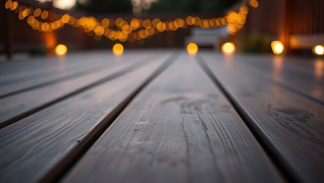 Wooden deck planks at dusk, bathed in a warm ambient glow with a softly focused foreground.
