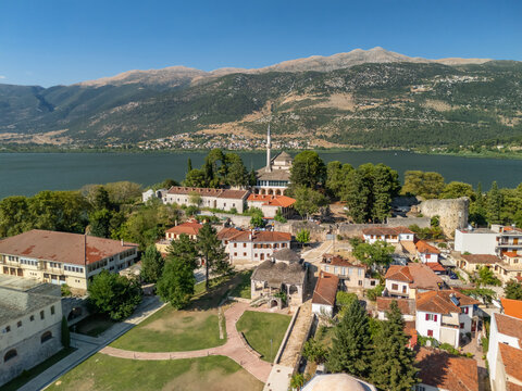 Aerial View of Aslan Pasha Mosque and Lake Pamvotis in Summer, Ioannina, Greece