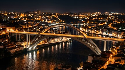 Fototapeta premium Illuminated modern arched bridge crossing a river at night