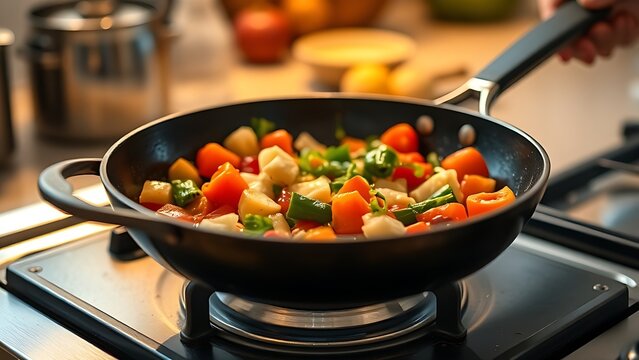 Close-up of sizzling vegetables in a pan with warm kitchen lighting.
