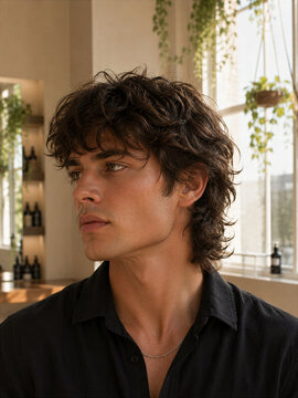 Young man with curly hair looking thoughtfully out of a window