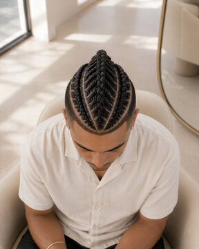 Man with braided hairstyle sitting in a modern chair