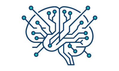 Fototapeta premium Minimalist stylized brain icon with circuit pathways in blue and teal, isolated on white. Digital intelligence concept