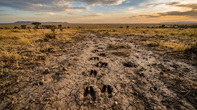 Animal tracks in dried cracked mud on the african savanna at sunset