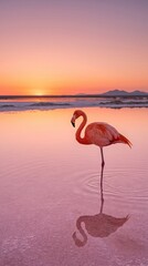 Graceful pink flamingo standing in a salt lake at sunset, serene bird reflection in calm water, vibrant tropical wildlife landscape during golden hour © Muhammad