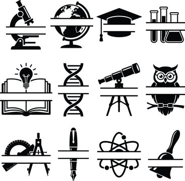 Collection of educational science icons with customizable split areas for adding text in minimalist style