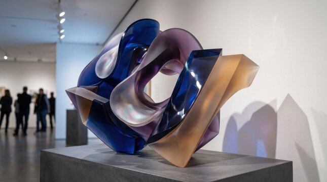A colorful, abstract sculpture made of transparent materials with a blue and purple hue, displayed in a gallery setting with a white wall and a concrete base.