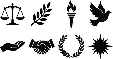 Fototapeta premium Set of black symbolic icons representing justice, peace, success, and professional cooperation for design