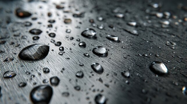 Close-up of water droplets on a textured metallic surface