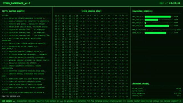 Cyber Dashboard Live System Events Hacker Terminal Animation Core Memory Loop Background.