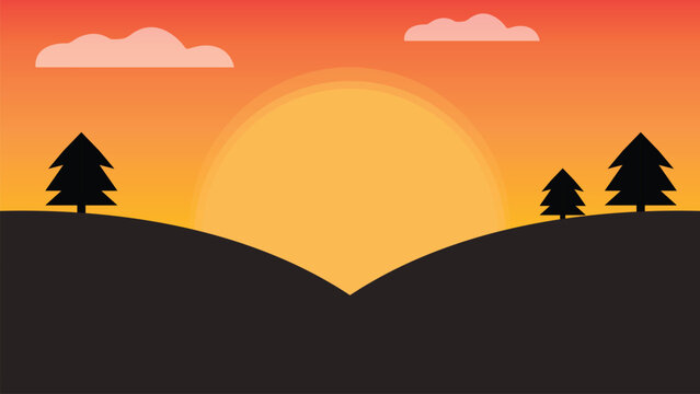 Scenic sunset landscape with silhouetted pine trees and clouds, a flat vector illustration. evergreen conifer clouds sky horizon silhouette design