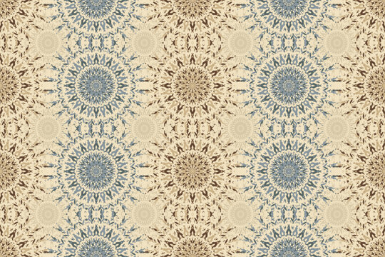 Ornate Bohemian Mandala Mosaic Seamless Pattern. Abstract Tribal Moroccan Kaleidoscope Background for Wallpaper. Traditional Middle Eastern Fabric Design. Seamless Arabian Tile Ornament Texture.