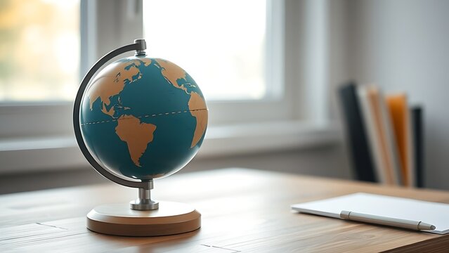 A minimalist globe model on a wooden desk with a dotted line connecting continents.