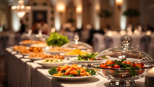 Elegant wedding buffet table arrangement with gourmet dishes.