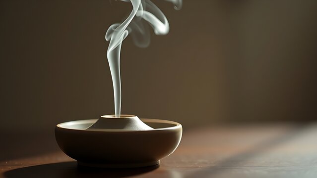 Minimalist ceramic incense burner emitting a delicate wisp of smoke in soft ambient light.