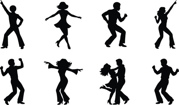 Set of disco dancing human silhouettes featuring stylish people performing retro party dance moves
