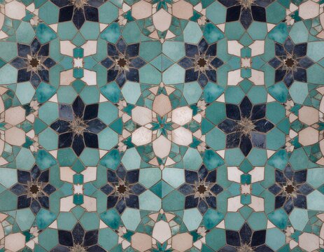 Intricate turquoise and dark blue mosaic tile pattern with geometric stars and repeating traditional patterns