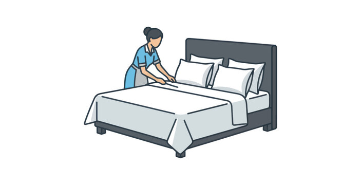 Hotel Maid Making Bed Vector Illustration
