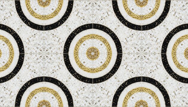 Abstract seamless pattern with geometric gold glitter and black concentric circles on white terrazzo background
