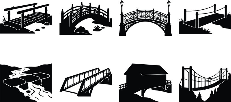 Set of diverse bridge silhouette icons featuring wooden, suspension, covered, and arch architectural designs