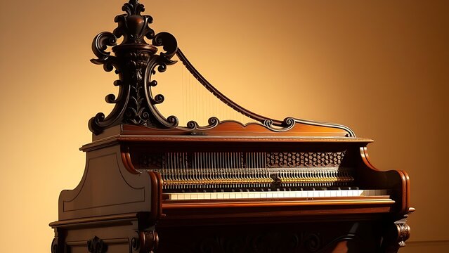 Baroque-style harpsichord with ornate wood carvings and golden strings inside.