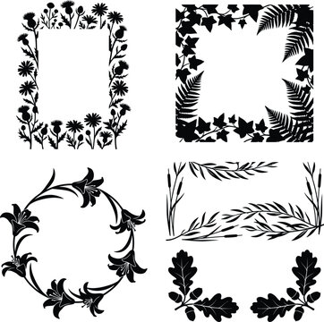 Decorative floral frames and borders with botanical motifs for wedding invitations or elegant greeting card design