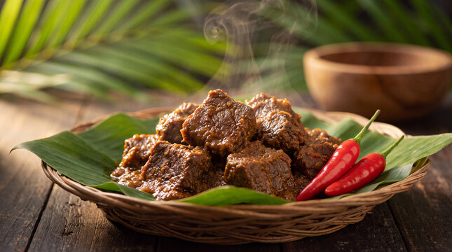 Delicious spicy beef rendang curry served on a banana leaf in a wicker basket with fresh red chili peppers and steam rising from the hot meat dish