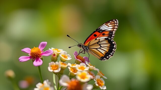 A uniquely colored butterfly resting on a plant with contrasting flowers.
