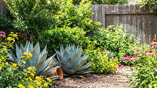 Beautiful garden landscape featuring blue agave plants, yellow lantana flowers, and pink coneflowers blooming near a wooden fence in a backyard setting