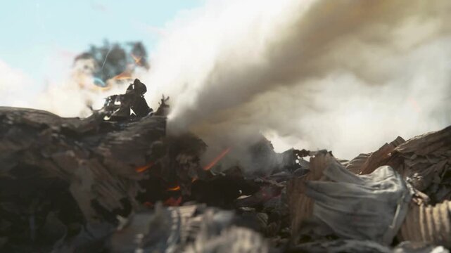 Burning trash heap smolders outdoors with smoke rising into blue sky during daytime.