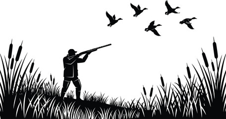 Hunter Aiming at Flying Geese in Wetland Scene © Nasir