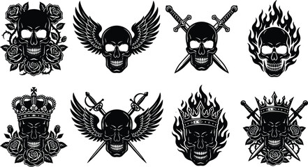 Obraz premium Set of gothic black and white skull vector emblems with roses, wings, swords, and crowns