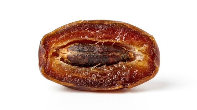 Half of a date fruit with a dark seed, cut open to reveal the inner texture, against a white background.