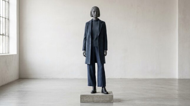 A mannequin in a minimalist setting, wearing a dark blue suit and pants, standing on a concrete base in an empty room with a white wall and large windows.