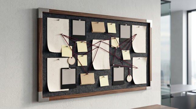 Detective Investigation Evidence Board with Connected Red String