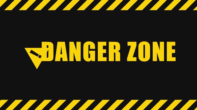 Danger zone warning sign animation with flashing hazard alert symbol and industrial yellow and 4k black striped border background