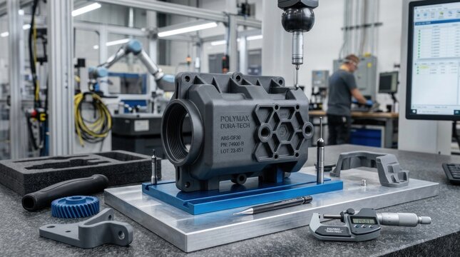A complex, industrial machine part being measured with a coordinate measuring machine (CMM) in a manufacturing facility.