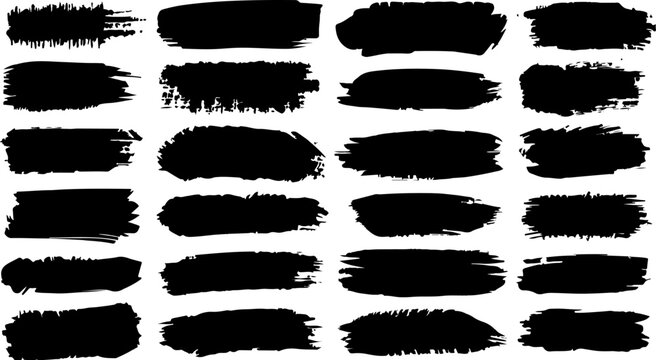 Black grunge brush stroke set artistic ink paint swooshes rough curved lines vector pack elements