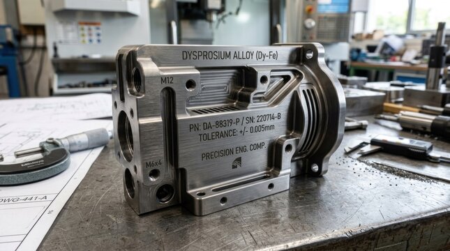 A metal component with the inscription 'DYSPROSIUM ALLOY (Dy-Fe)' on it, placed on a workbench with various tools and a blueprint in the background.