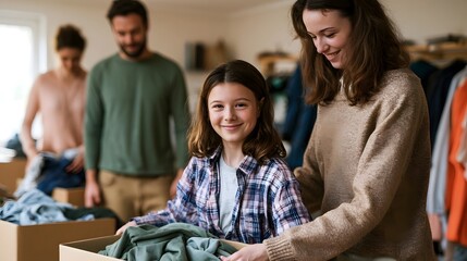 Obraz premium A young girl smiles while sorting clothes with a woman as two adults stand nearby in a room filled with boxes and hanging garments