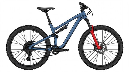 Fototapeta premium Professional blue mountain bike with red front suspension forks presented as an isolated on white background