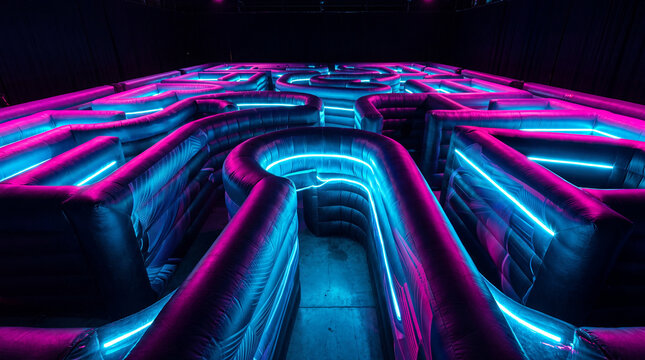 An inflatable neon maze with glowing blue and pink lights designed for indoor entertainment and active recreational games in a dark funhouse environment