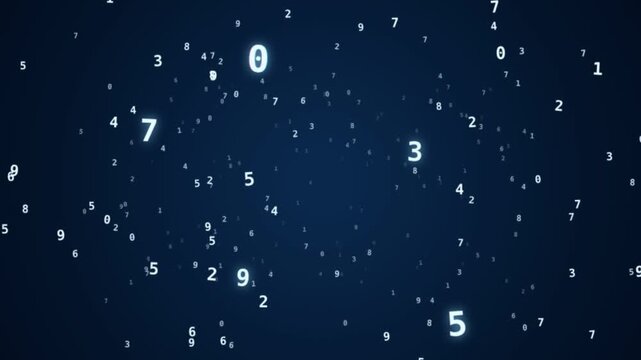 Floating numerical digits randomly moving in dark blue space seamless loop animated background with white in a digital space, representing data analytics and quantitative information