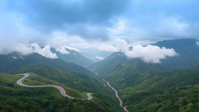 A dramatic perspective looking down into a deep, steep-sided mountain valley as thick, white clouds settle over the lower ridges, with distant peaks visible.
