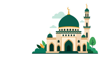 Illustrated mosque with green domes and minarets. © Kenn